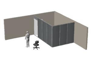 Basic office panels forming a private office in a corner of a large room, for Volk Optical company
